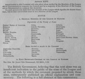 The Covenant of the League of Nations was the charter of the League of Nations. 1919