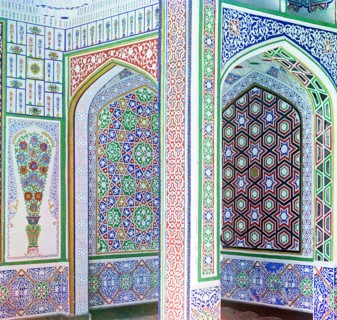 Example of mosaics on the walls in the home of a wealthy Sart. On the outskirts of Samarkand, Russia