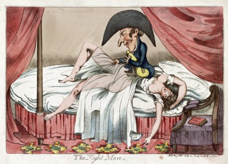 Cartoon shows a scantily clad woman asleep on a bed