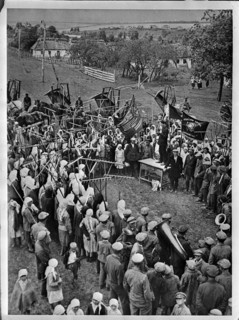Discussing harvesting in a collective farm, USSR