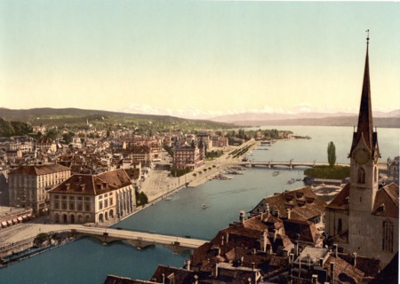 Colour river scene in Zurich