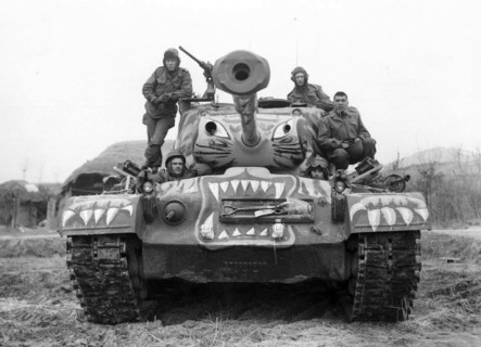 Photograph of Soldiers Sat on a Painted M-46 Tank