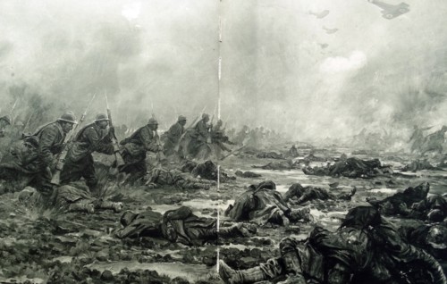 french infantry advance under fire in a battle during WWI