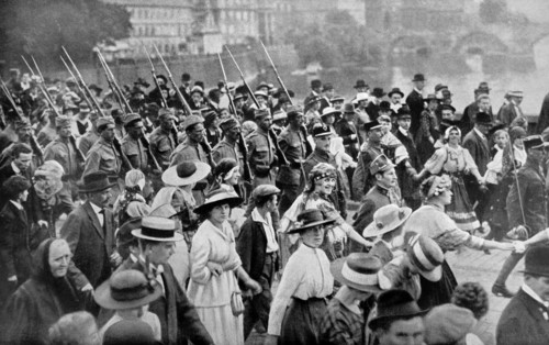 Czech troops arrive back from WWI in Prague;   1918