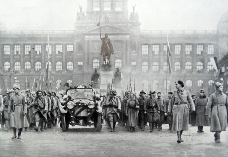 Czech troops accompany President Thomas Masaryk in Prague;   25th December 1918