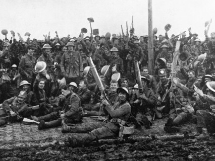 British soldiers celebrate a victory at the front line in WWI 1916