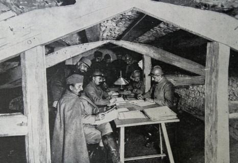 French officers in an underground HQ on the western front;   during WWI 1916