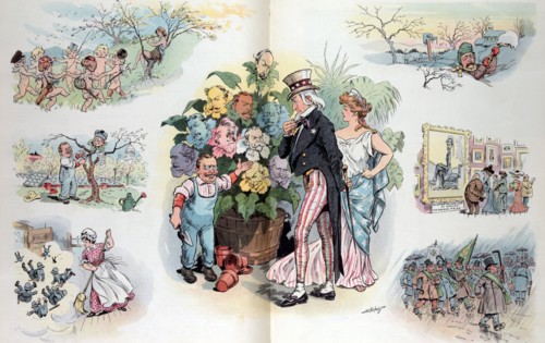 President Theodore Roosevelt showing Uncle Sam and Columbia a large plant