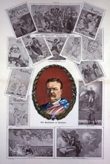 Theodore Roosevelt in an oval wreath of oak and laurel or holly