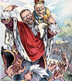President Theodore Roosevelt presenting a diminutive William H. Taft wearing a crown