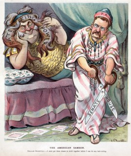 Theodore Roosevelt as Delilah with a broken pair of shears