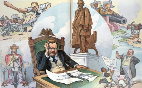 President Theodore Roosevelt sitting at a desk pondering the Philippine and Central American issues,