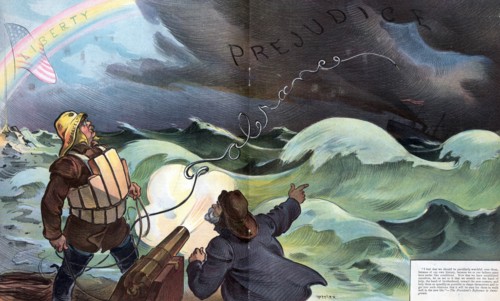 President Theodore Roosevelt firing a cannon to send a life-line to a ship in distress