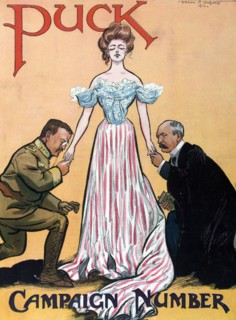 Columbia standing between President Theodore Roosevelt and Alton B. Parker