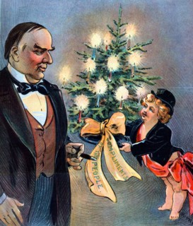 Puck offering a small Christmas tree to President McKinley