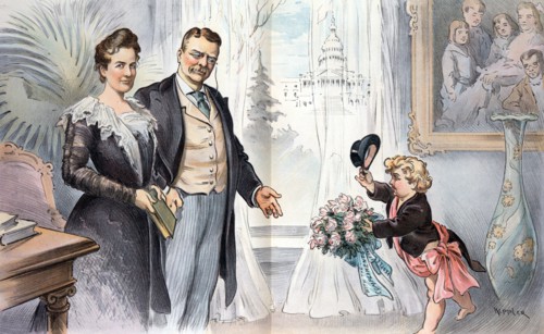 Puck giving a bouquet of roses to President and Mrs Theodore Roosevelt