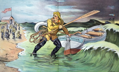 President Theodore Roosevelt putting a rescue boat labelled "National Honour" to sea