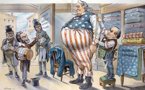 A huge Uncle Sam getting a new outfit made at the "McKinley and Company National Tailors"