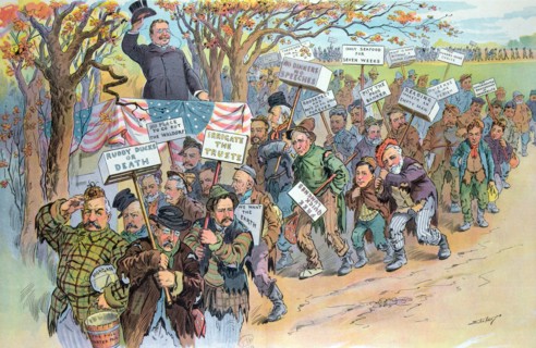 President Theodore Roosevelt standing on a reviewing stand