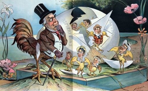 William McKinley as a rooster standing next to a broken egg