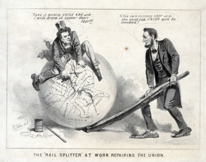 Vice President Andrew Johnson sitting atop a globe