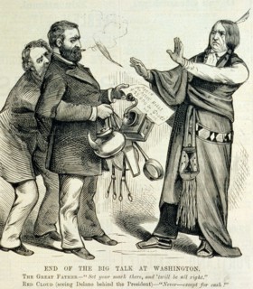 President Grant standing before the Chief of the Oglala Sioux