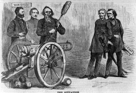 Ulysses Grant and Edwin Stanton aim a cannon at Thomas and Johnson