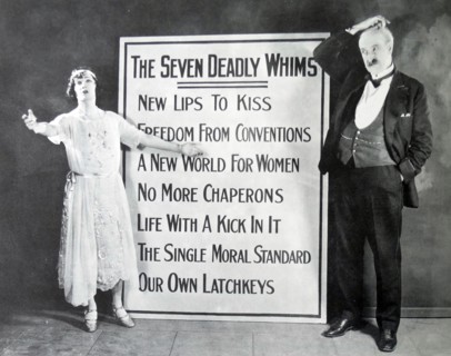 Publicity for Prodigal Daughters, 1923.  Gloria Swanson proclaims the new creed of youth to her father, Theodore Roberts.