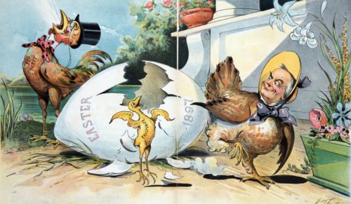 Small chick labelled 'Prosperity' hatching from an egg labelled 'Easter'