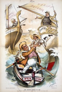 Benjamin Harrison on the deck of a ship labelled 'Republican Party'
