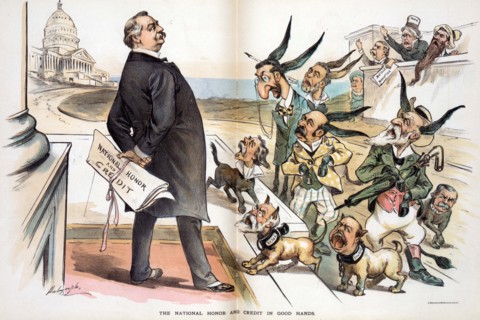 President Cleveland holding papers labelled 'National Honour and Credit'