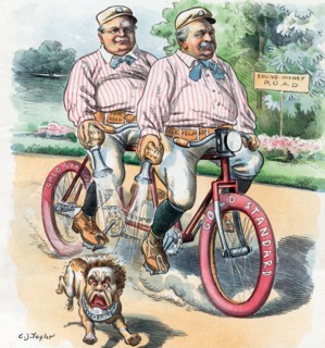 Grover Cleveland and Thomas Reed riding on a bicycle built for two
