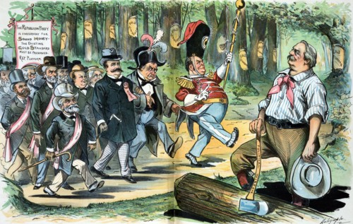 President Cleveland holding an axe labelled 'Political Wisdom'