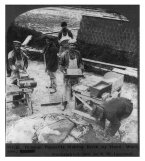 Russian peasants making brick by hand, Warsaw, Poland 1905.