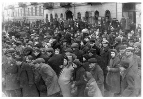 Crowds of Jews in the Warsaw ghetto; Poland 1942