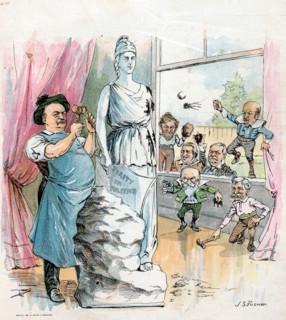 President Cleveland sculpting a statue labelled 'Purity in Politics',