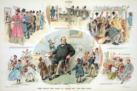 Cartoon with President Cleveland at the centre hounded by newspaper reporters