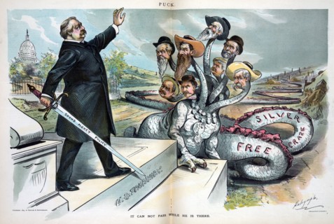 President Cleveland standing on the steps to the 'U.S. Treasury