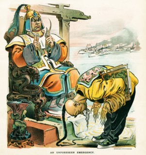 the Emperor of China sitting on a throne talking with a wise minister