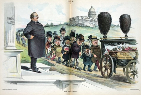 President Cleveland standing on the steps of the 'White House', watching a funeral procession