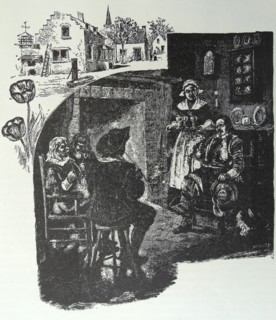 Engraving depicts Dutch colonists in New Amsterdam.