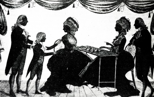 Engraving depicts Jane Austen's father introducing one of his children to friends.
