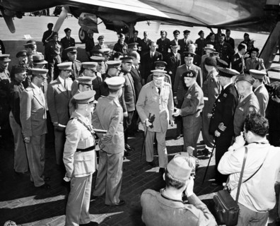Field Marshal Montgomery welcoming Winston Churchill at Berlin-Gatow airfield.