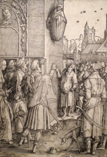 Woodcut depicting Virgil in a Basket