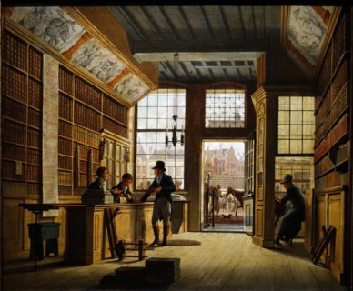 Painting depicting The bookshop of Pieter Meijer Warnars on the Vijgendam in Amsterdam