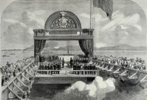 The Prince of Wales laying the last stone of the Victoria Bridge over the St. Lawrence.