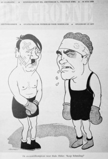 Cartoon of Adolf Hitler in a boxing match with Joe Louis