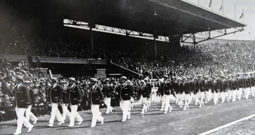 The entry of the Dutch team of athletes at the 1928 Amsterdam Olympic Games