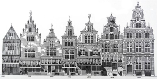 Drawing showing architectural transition of styles of houses from 1500-1620