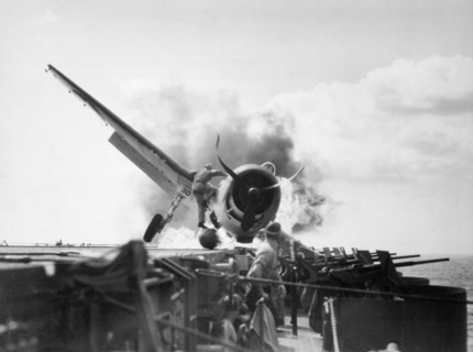 Photograph of the Crash landing of F6F-3, USS Enterprise